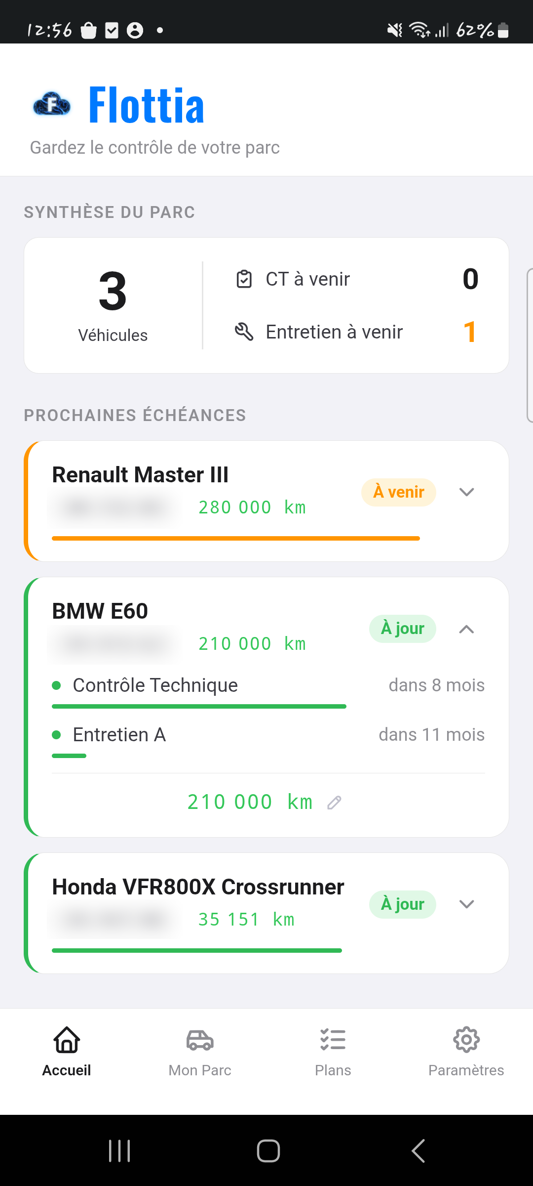 Écran d'accueil de Flottia — synthèse du parc et prochaines échéances